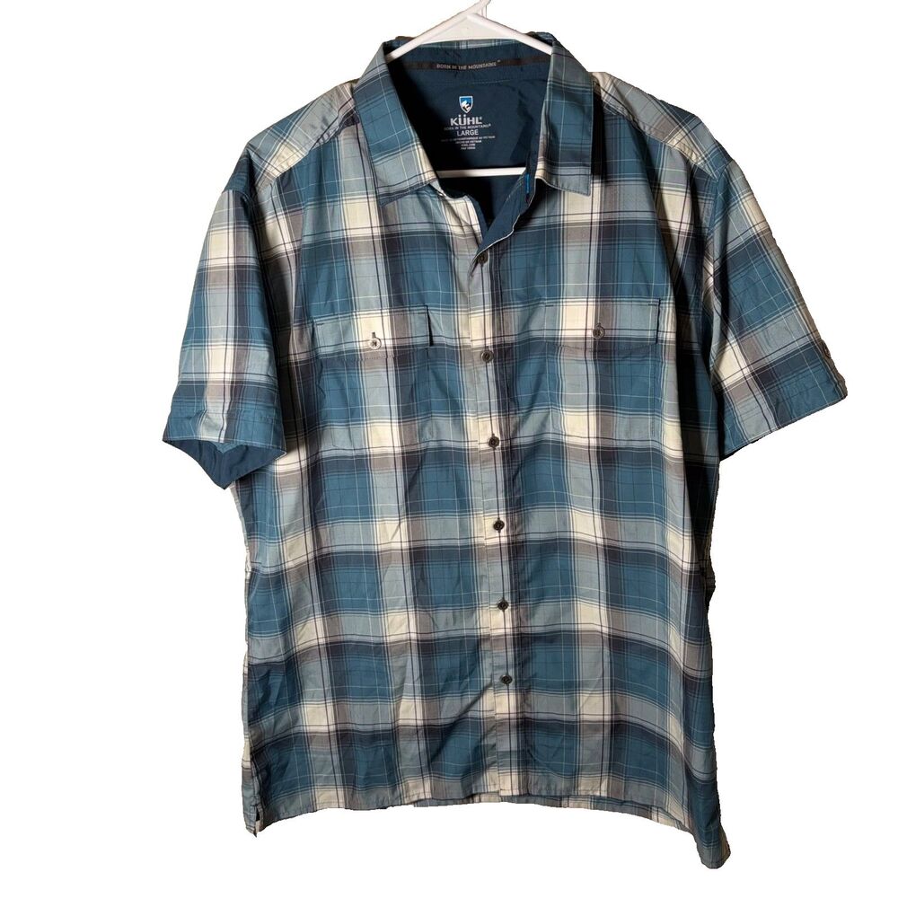 Kuhl Shirt Men's Large Outdoor Button Down Blue Plaid Collared Short Sleeve